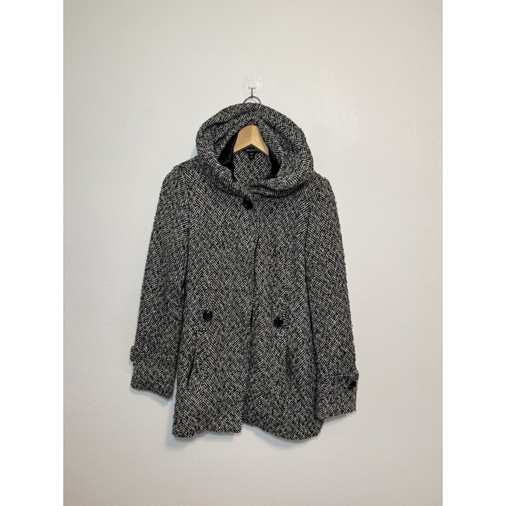 George Hooded Pea Coat Jacket Womens  XS Black White Herringbone Tweed Button Up